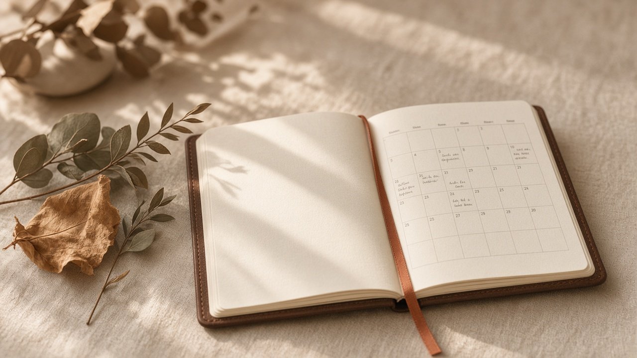 Agenda ouvert sur une table, lumière douce et feuilles botaniques.